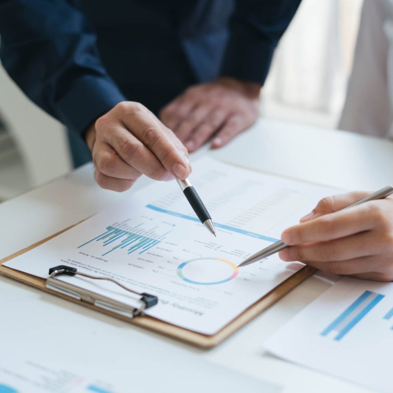 business sales consultant discussing in data documents at modern office